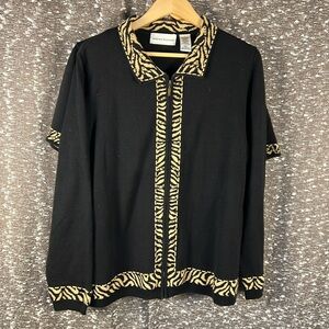 Alfred Dunner Top Sweater Cardigan Zip Up Black‎ Tan Animal Print L Long Sleeve